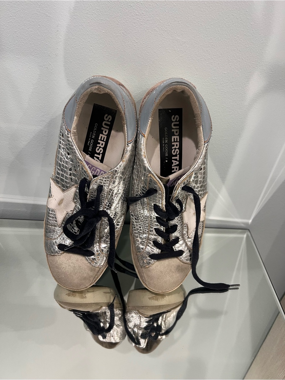 Golden Goose Metallic Silver Star Low-Top Sneakers with Black Laces